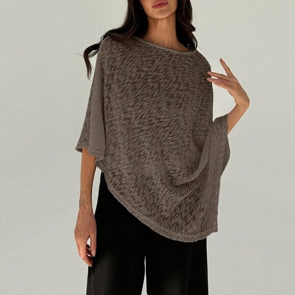 Brown Elegant Womens Off Shoulder Asymmetrical Hem Sheer Casual top - Picture 4 of 8